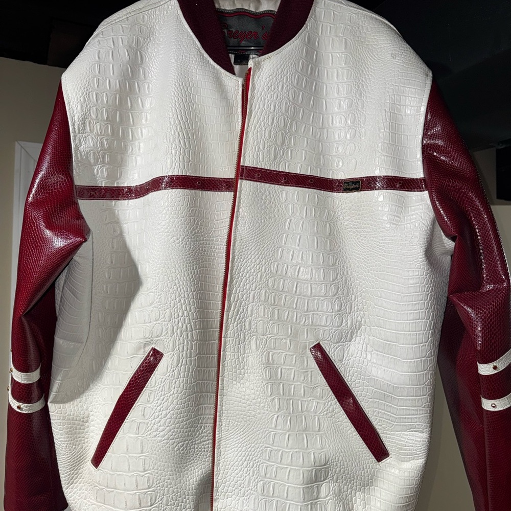 White & Maroon Beyer’s leather Coat